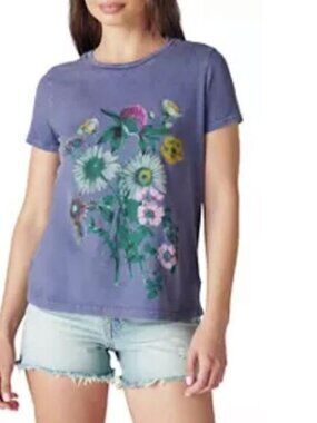 Lucky Brand NWT Heather Blue Floral Bloom Short Sleeve Tee Top in Dress Blues